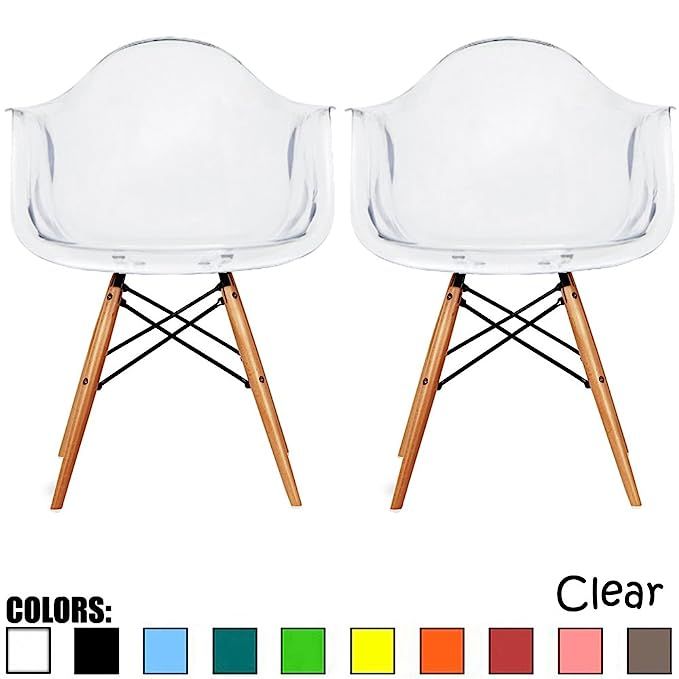 2xhome Set of 2 Clear Plastic Armchair Natural Wood Legs Eiffel Dining Room Chair Lounge Chair Ar... | Amazon (US)