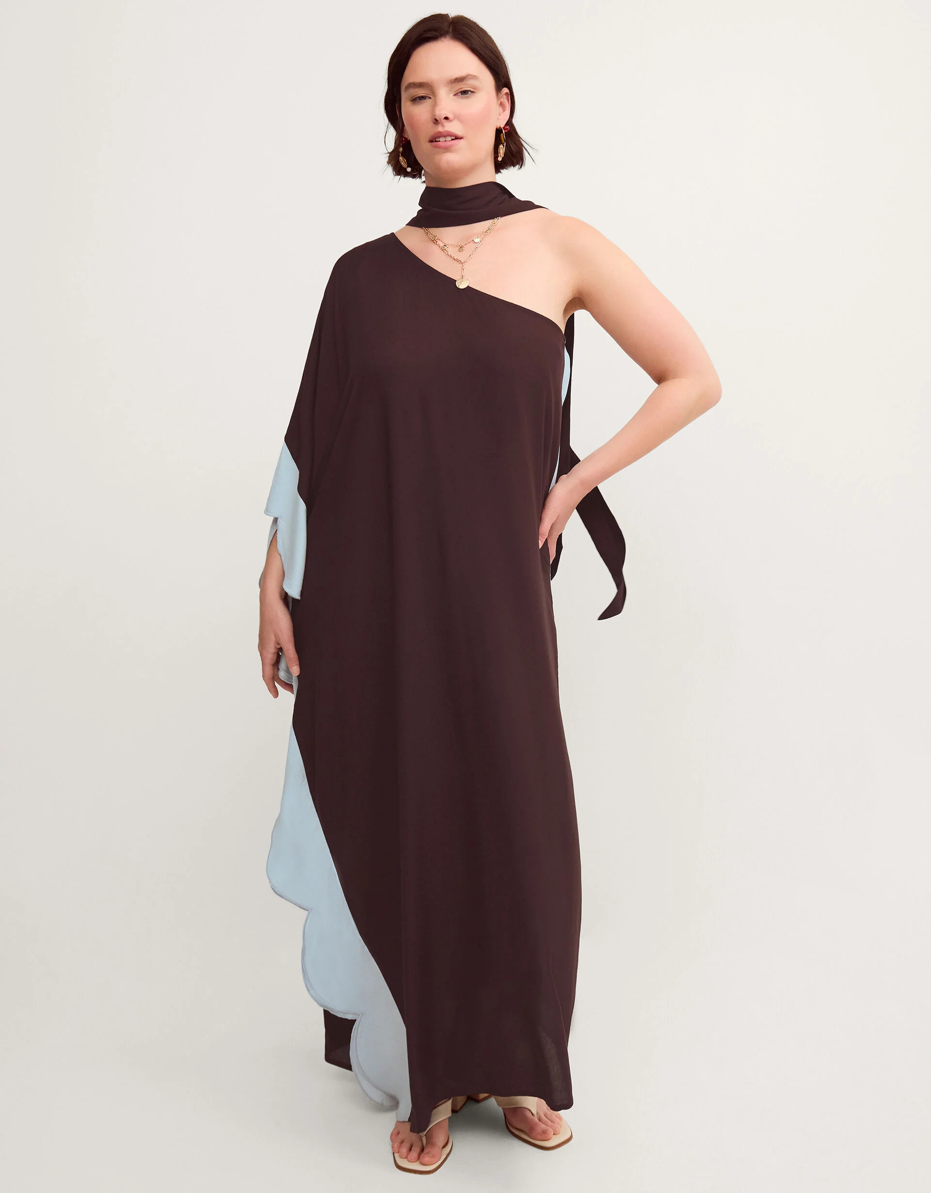 Callie Thorpe x Monsoon One Shoulder Scallop Kaftan Dress & Scarf​ Brown | Monsoon (UK)