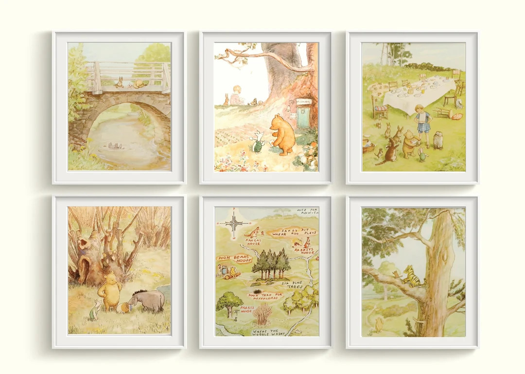Winnie the Pooh Art Prints Set Qty 6 Classic Pooh Wall Decor Baby Girl Boy Gender Neutral NURSERY... | Etsy (US)