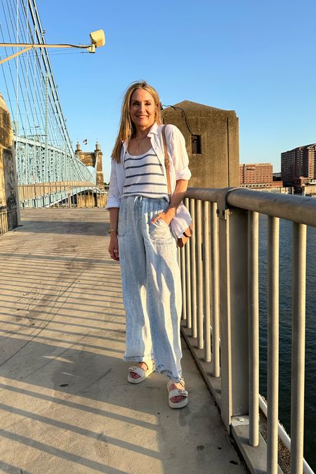 Travel outfit inspo! Splendid gauze button down, knit striped cami, and wide leg palazzo pants. Wearing xs.  Summer outfit 

#LTKStyleTip #LTKTravel #LTKOver40