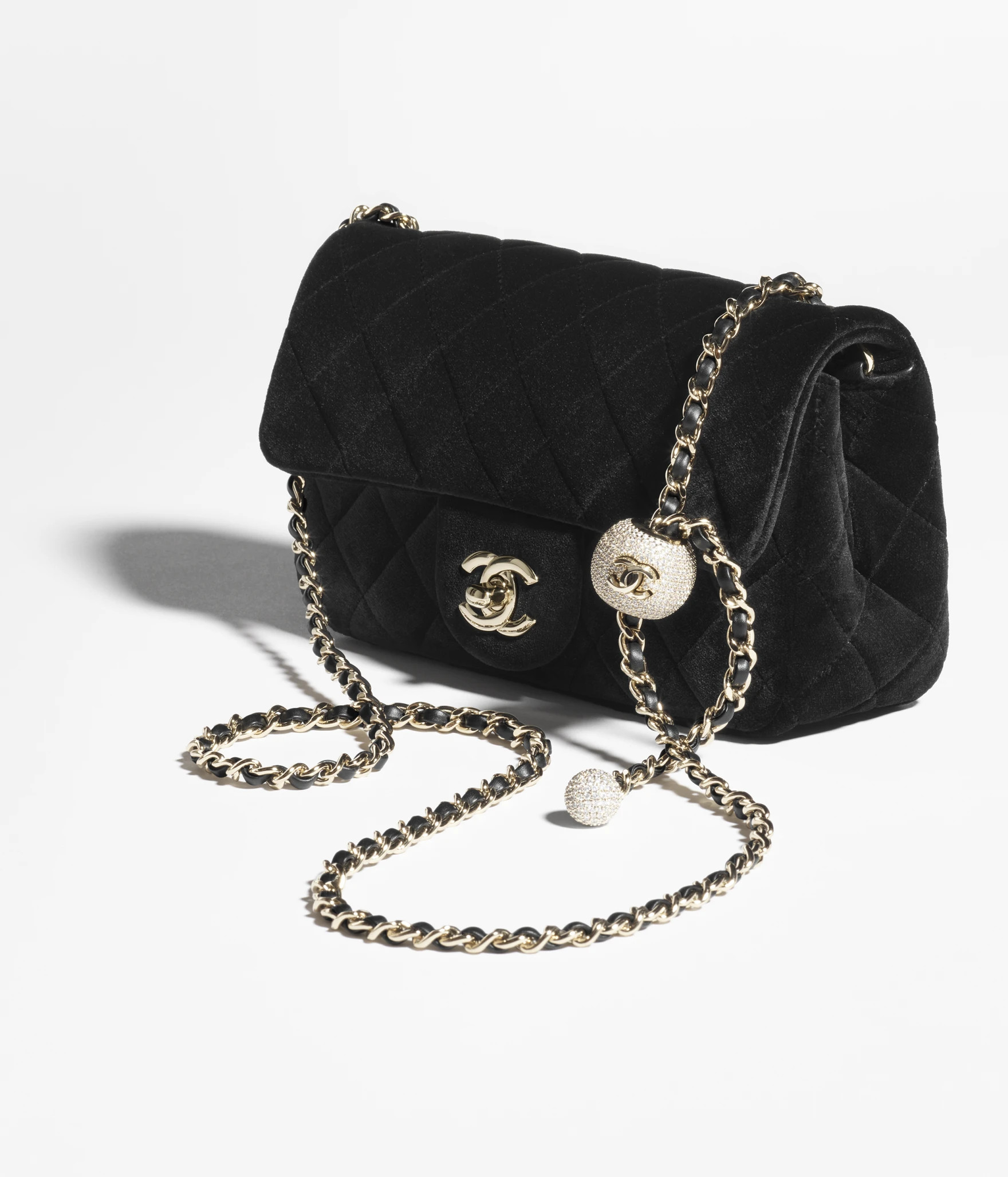 Mini flap bag, Velvet, strass & gold-tone metal, black — Fashion | CHANEL | Chanel, Inc. (US)