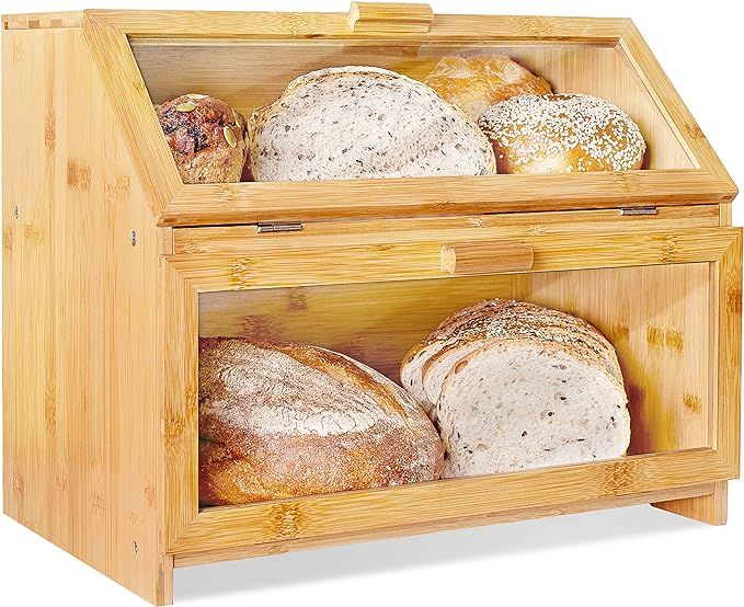 Laura's Green Kitchen Bamboo Bread Box for Kitchen Counter - Double Layer Bread Storage with Clea... | Amazon (US)