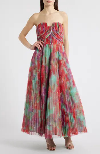 Hutch Pleated Strapless Mesh Gown in Mint Orchids at Nordstrom Rack, Size 14W | Nordstrom Rack