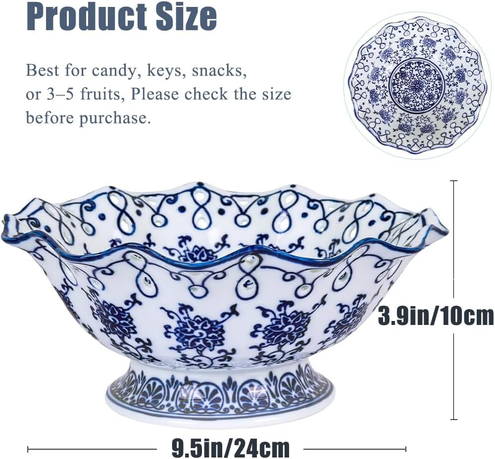 Blue and White Decorative Fruit Bowl for Kitchen Counter - 9.5" Large Ceramic Fruit Pedestal Bowl... | Amazon (US)