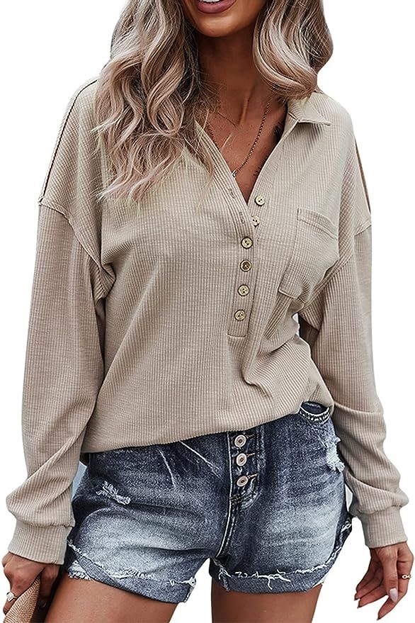 Glamaker Long Sleeve Henley Shirts for Women V Neck Button Down Ribbed Knit Sweatshirts Loose Fit... | Amazon (US)