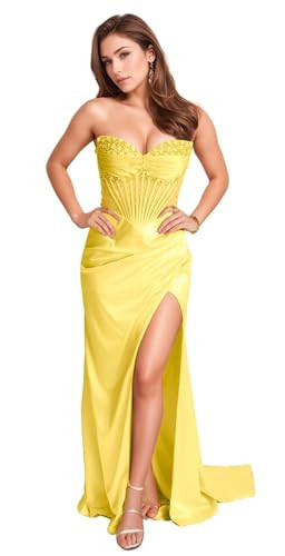 Sheer Corset Prom Dress for Teens 2026 Beaded Mermaid Strapless Satin Corset Lace Up Split Ruched Sexy Formal Evening Gowns Long for Women Yellow US8 | Amazon (US)