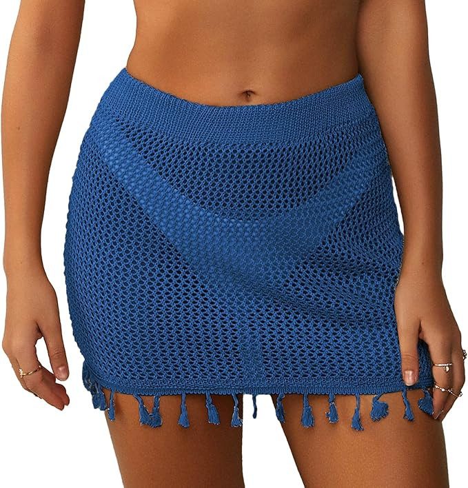 ZAFUL Women's Swimsuit Cover Up Crochet Sheer Short Beach Skirt with Tassels | Amazon (US)