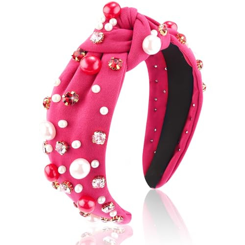 AHONEY Hot Pink Headband Hair Accessories for Women Girls Pink Knotted Headband Pearl Crystal Knotted Jeweled Wide Top Knot Headband Valentine’s Day Gifts (Hot pink) | Amazon (US)