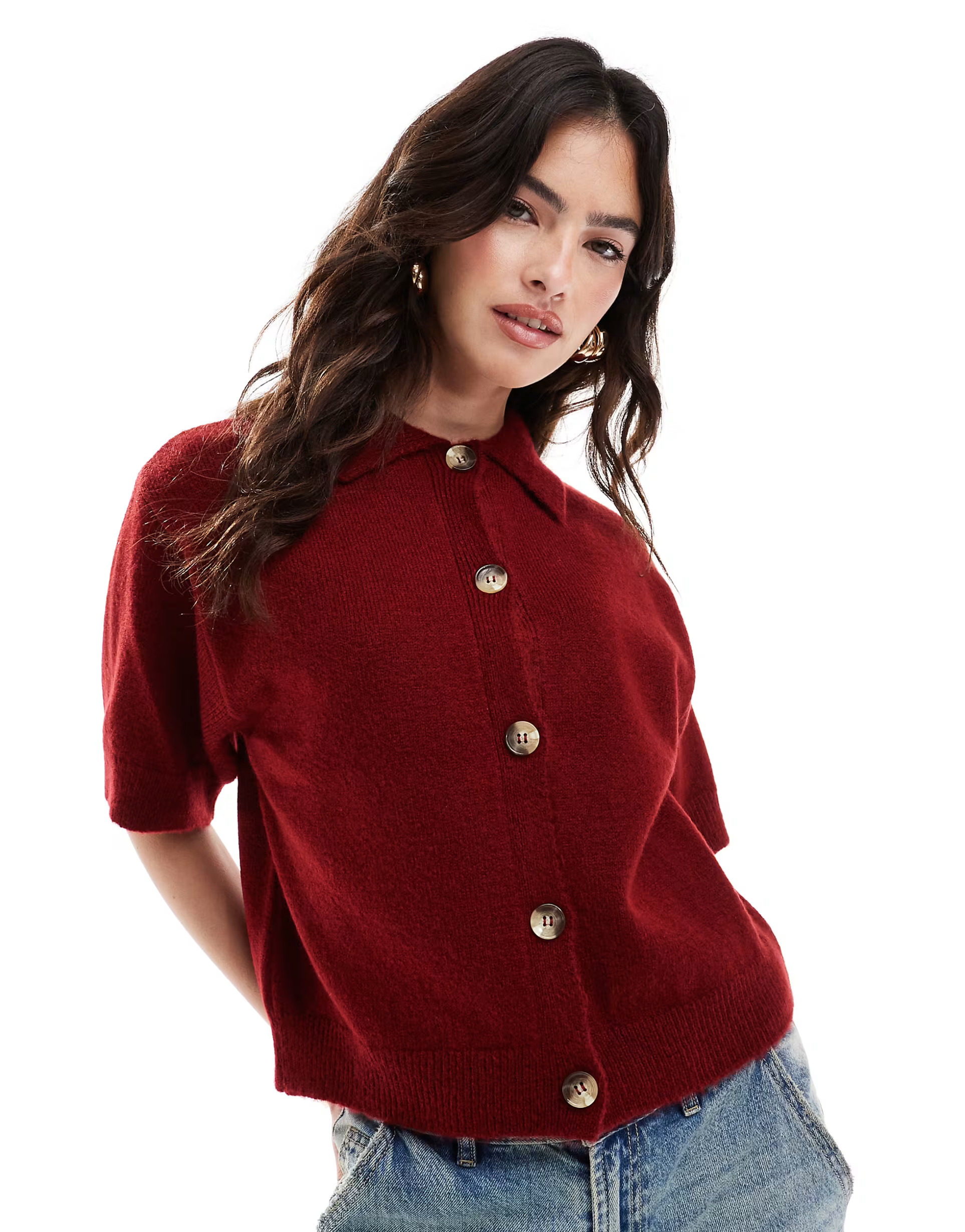 ASOS DESIGN knitted shirt collar short sleeve cardigan in burgundy | ASOS (Global)