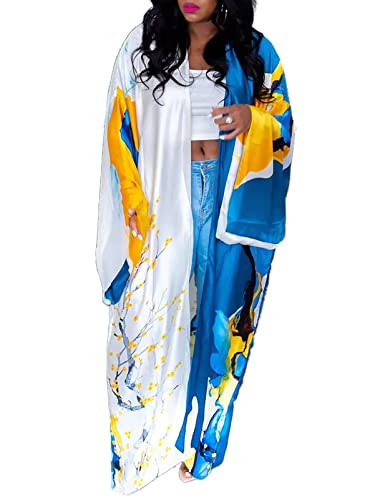 Famnbro Women's Satin Floral Long Kimono Open Front Duster Cardigan Loose Fit Swimwear Cover Ups | Amazon (US)