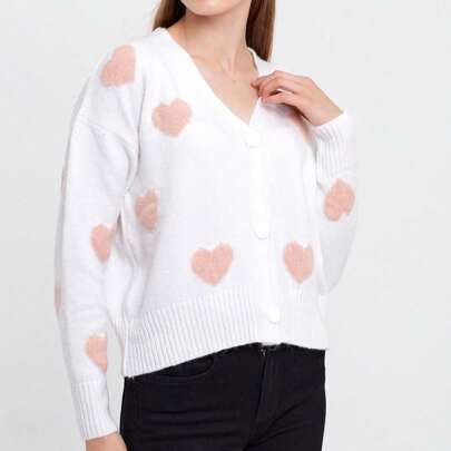 Women's Heart Pattern Knit Cardigan Cropped Knit Printed Cardigan Soft Summer Cardigans | SHEIN