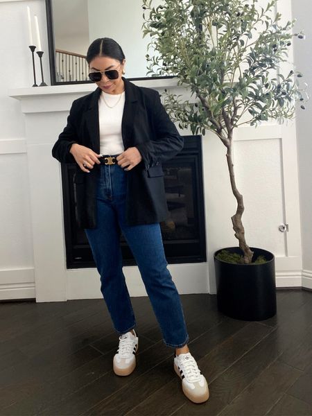 Elevated casual outfit of the day 

Dark denim jeans, white tank, black linen blazer and adidas sneakers 

#LTKfindsunder100 #LTKstyletip #LTKover40