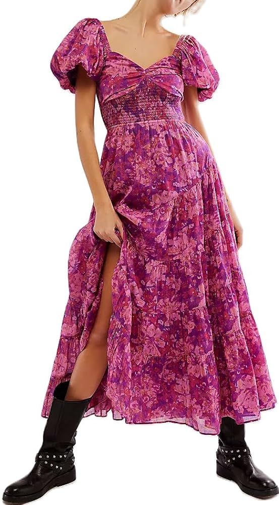 Women Boho Floral Short Puff Sleeve Dress Y2k Smocked Flowy Spring Summer Maxi Dress Sweetheart B... | Amazon (US)