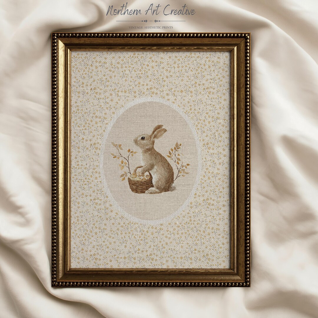 Easter Woodland Nursery Art Print: Embroidered Bunny Printable Wall Art, Vintage Cottagecore Deco... | Etsy (US)