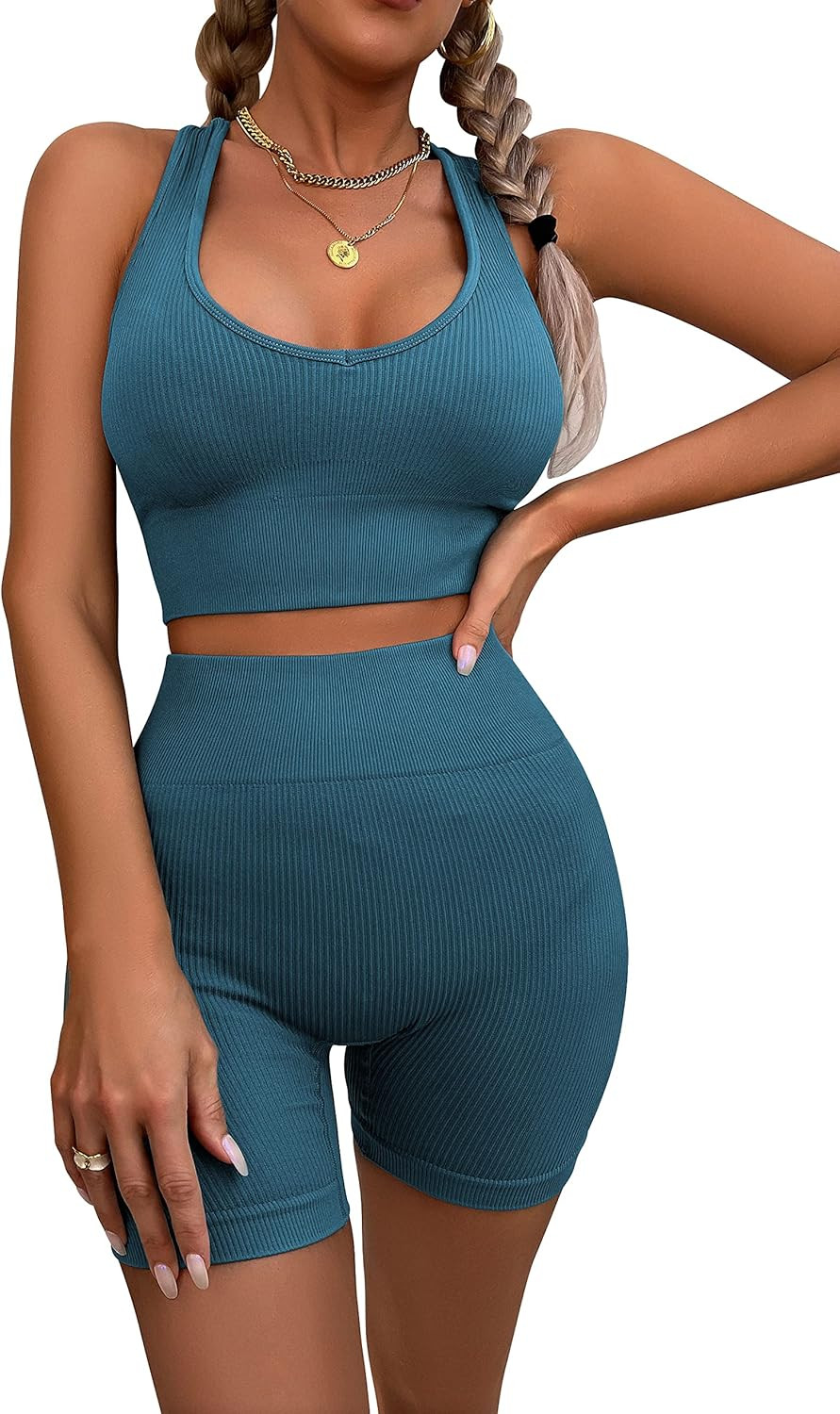 AMCLOS Womens Seamless Workout Sets Ribbed Knit 2 Piece Yoga Outfits Crop Tank Tops High Waist Sp... | Amazon (US)