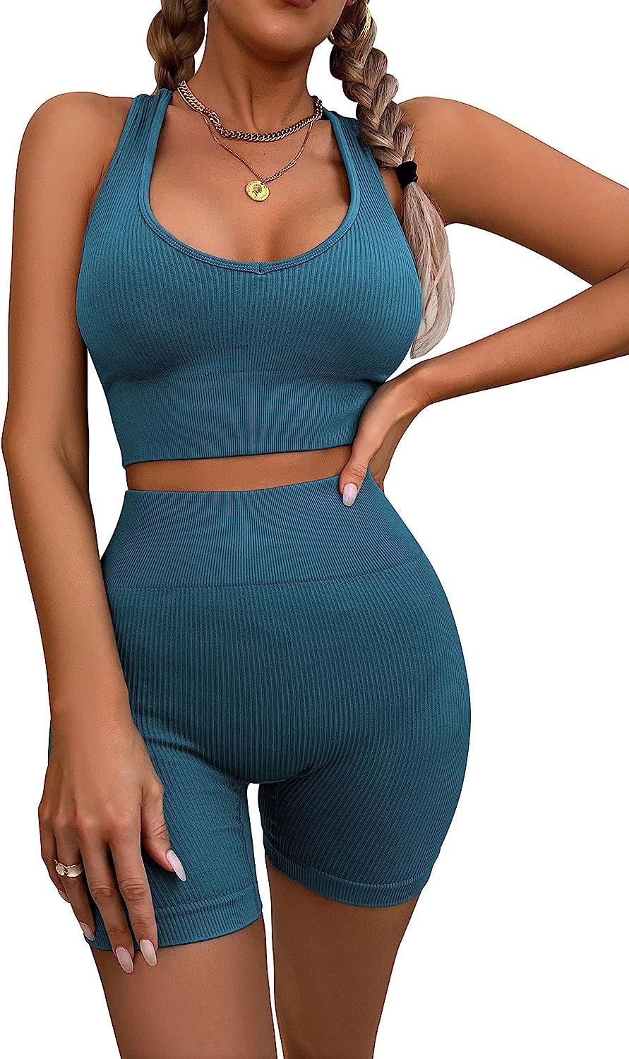 AMCLOS Womens Seamless Workout Sets Ribbed Knit 2 Piece Yoga Outfits Crop Tank Tops High Waist Sp... | Amazon (US)