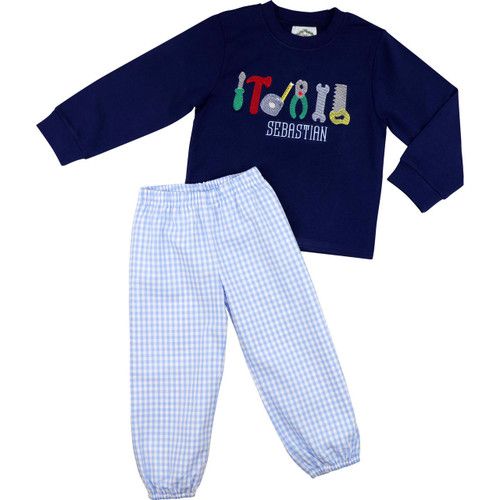 Navy And Blue Check Embroidered Tools Pant Set | Cecil and Lou