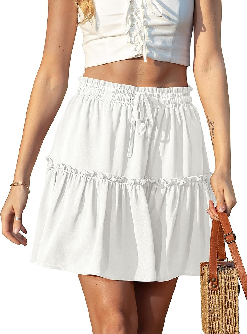 Amoretu Womens Summer Skirt High Waist Ruffle Skirt Print Mini Skirt with Drawstring | Amazon (US)