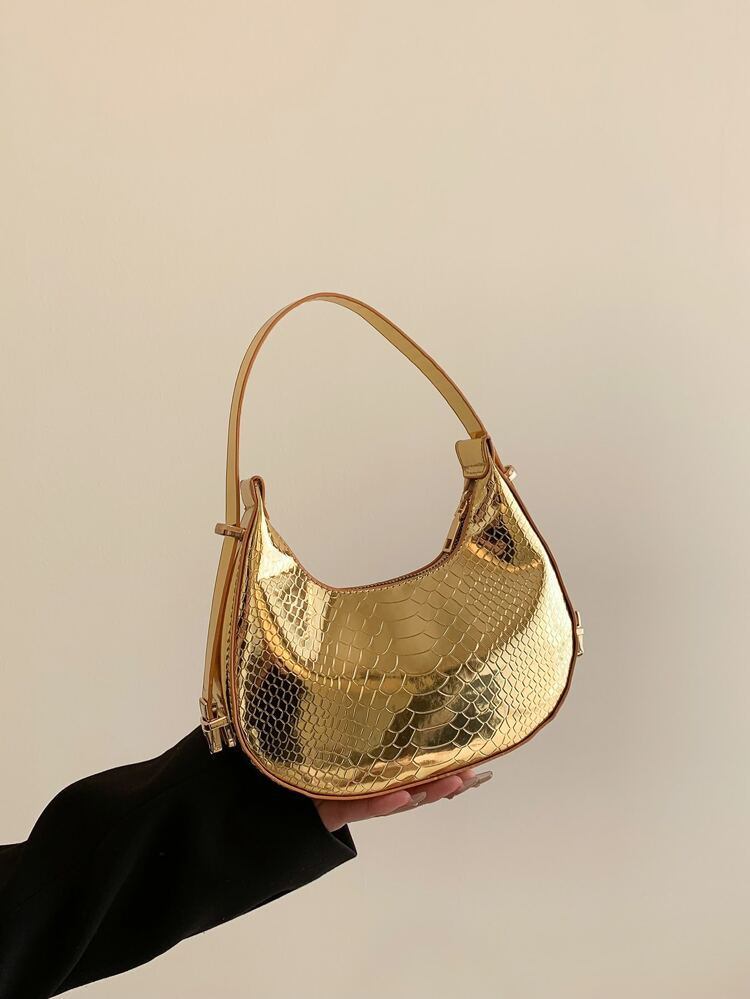 Metallic Snakeskin Embossed Hobo Bag | SHEIN