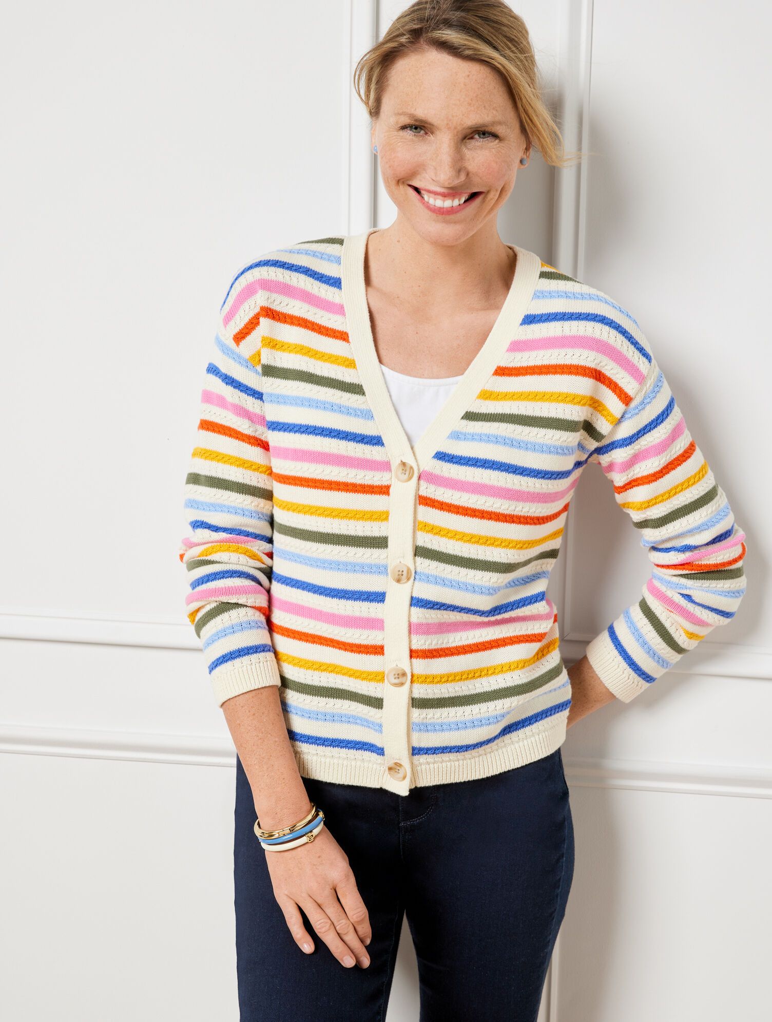 Ribbed V-Neck Cardigan - Multi Stripe | Talbots