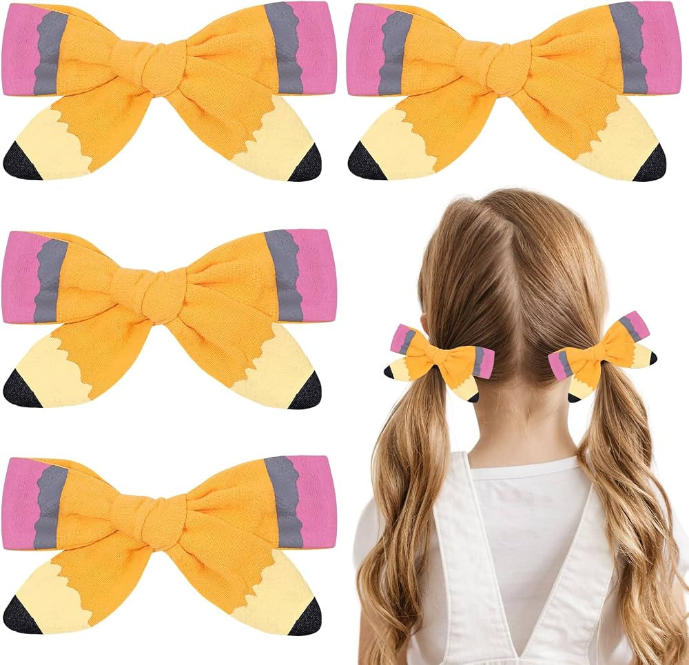 Back to School Pencil Hair Bows Clips,The Hand Painted Yellow Pencil Schoolgirl Pigtail Bows Clip... | Amazon (US)