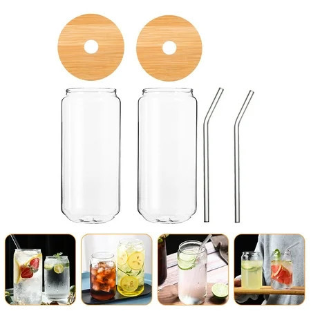 2 Sets of Glass Drinking Mugs Lovely Glass Clear Mugs with Wood Lid Straw Mugs | Walmart (US)