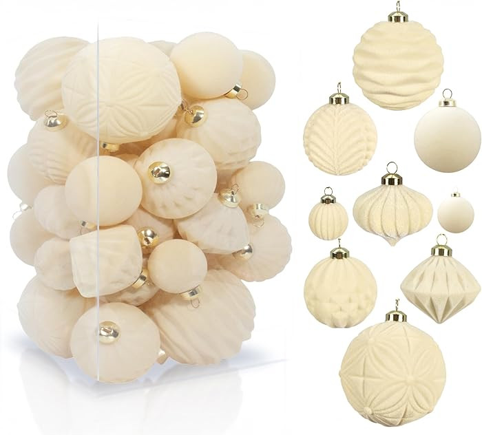 42PCS White Velvet Christmas Ball Ornaments, Flocked Vintage Rustic Farmhouse Baubles in Assorted... | Amazon (US)