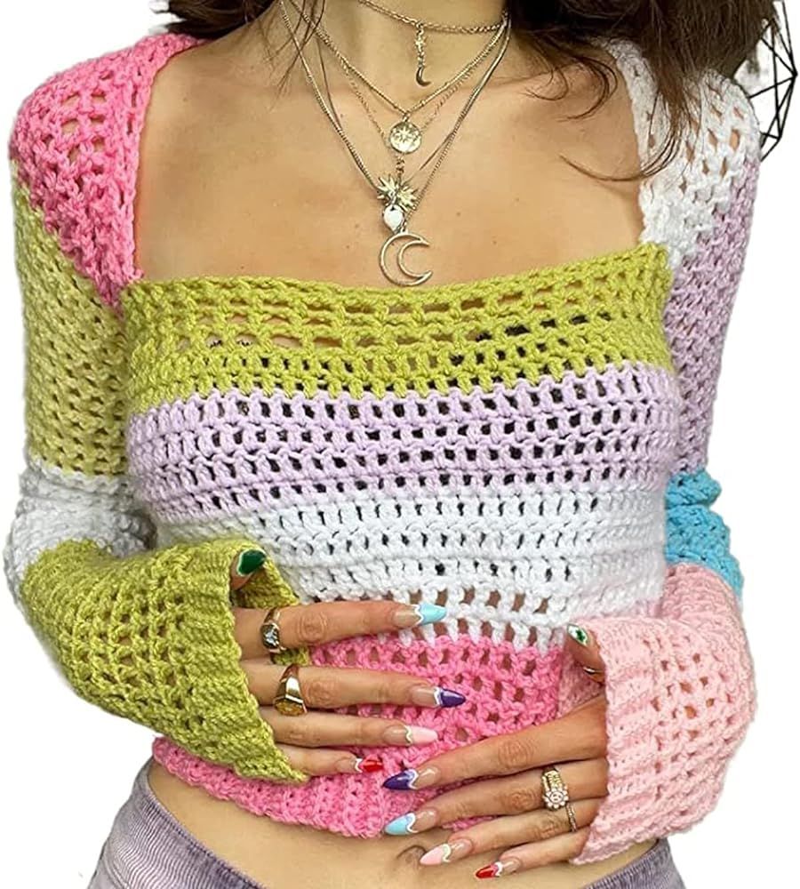 Women 2000s Crochet Crop Tops Long Sleeve Knit Color Block Hollow Out Top E-Girl Patchwork Shirts... | Amazon (US)