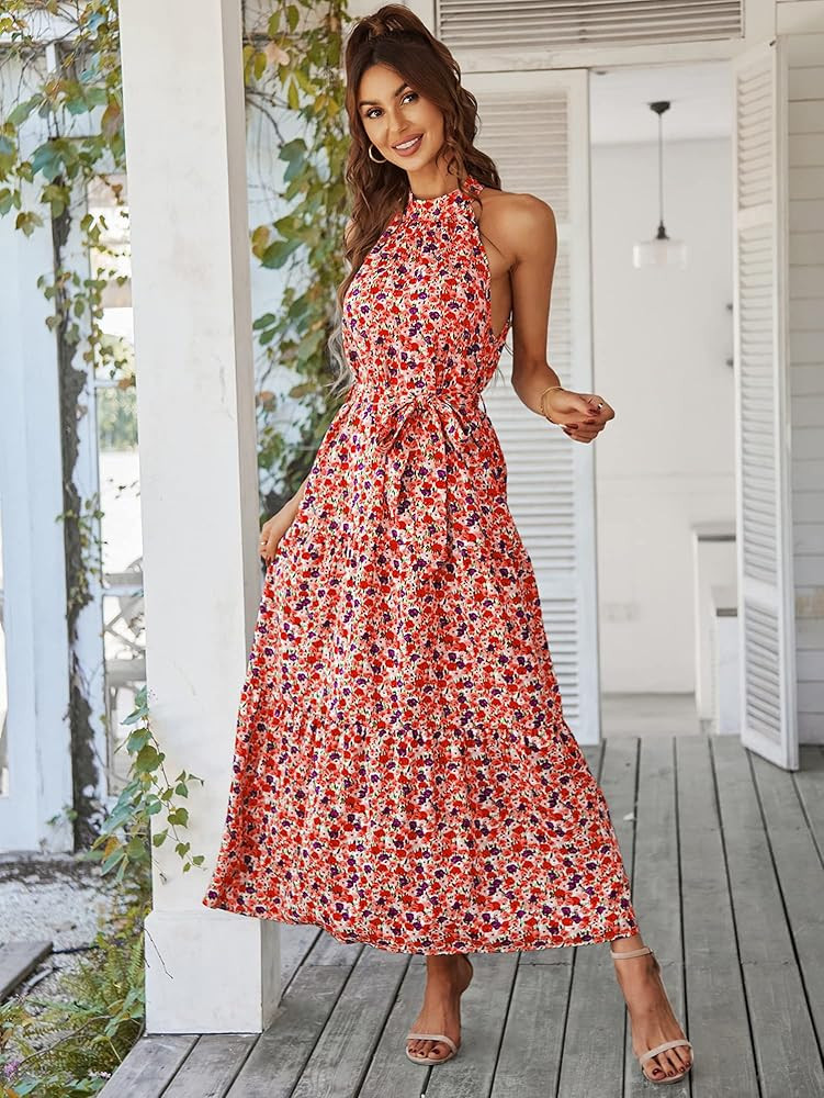 BerryGo Women's Halter Neck Boho Floral Wedding Guest Dress Casual Party Sleeveless Maxi Dress with  | Amazon (US)