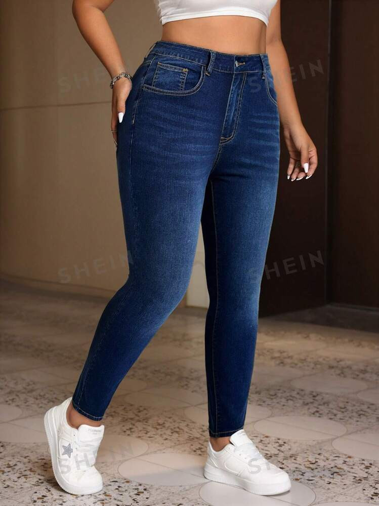 SHEIN EZwear Plus Size Women Pockets Skinny Casual Versatile Jeans | SHEIN