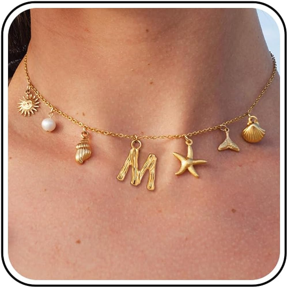 SLOONG Initial Charm Necklace for Women, Beach Pendant 14K Gold Plated Letter Neckalces Freshwate... | Amazon (US)