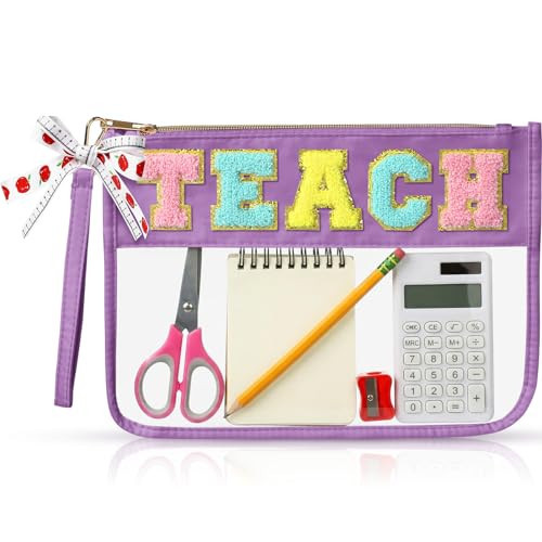 Clysee Teacher Appreciation Gifts DIY Teach Pencil Pouch Chenille Letter Bag Preppy Clear Cosmetic Bag for Women Teacher(Purple) | Amazon (US)