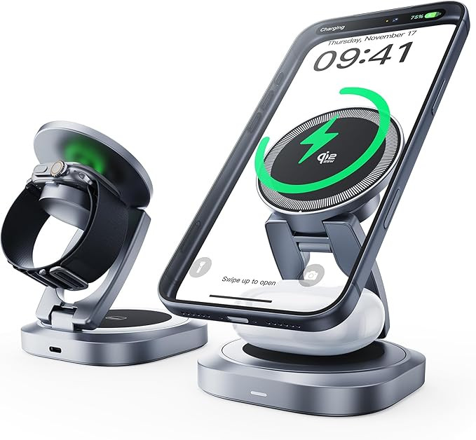 REWONDER Qi2.2 25W Magnetic 3-in-1 Wireless Charger, Foldable Aluminum Charging Stand for iPhone ... | Amazon (US)