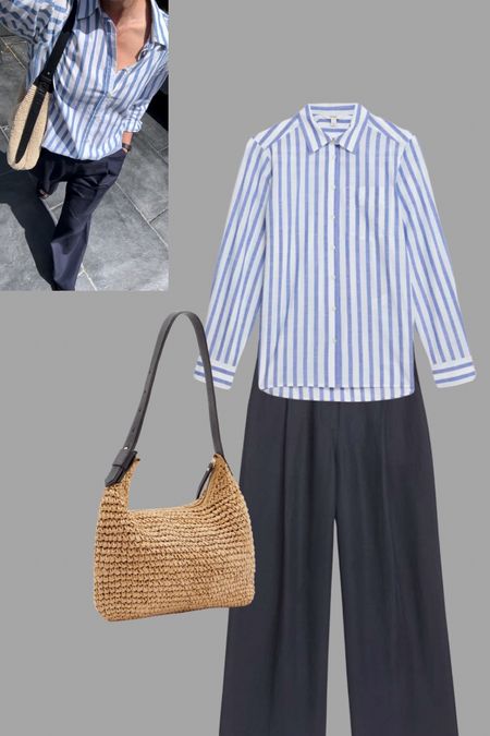 Linen trusts and striped shirt for a casual summer look. dad sandals and a straw crossbody bag for added details.