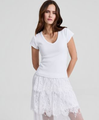 And Now This Women's V-Neck Rib-Knit Short-Sleeve T-Shirt, Macy's Exclusive - Rusty Red | Macy's