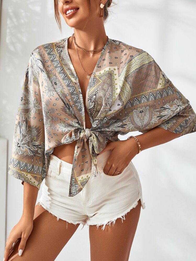 SHEIN Unity Allover Print Batwing Sleeve Knot Detail Blouse Women Shirt | SHEIN