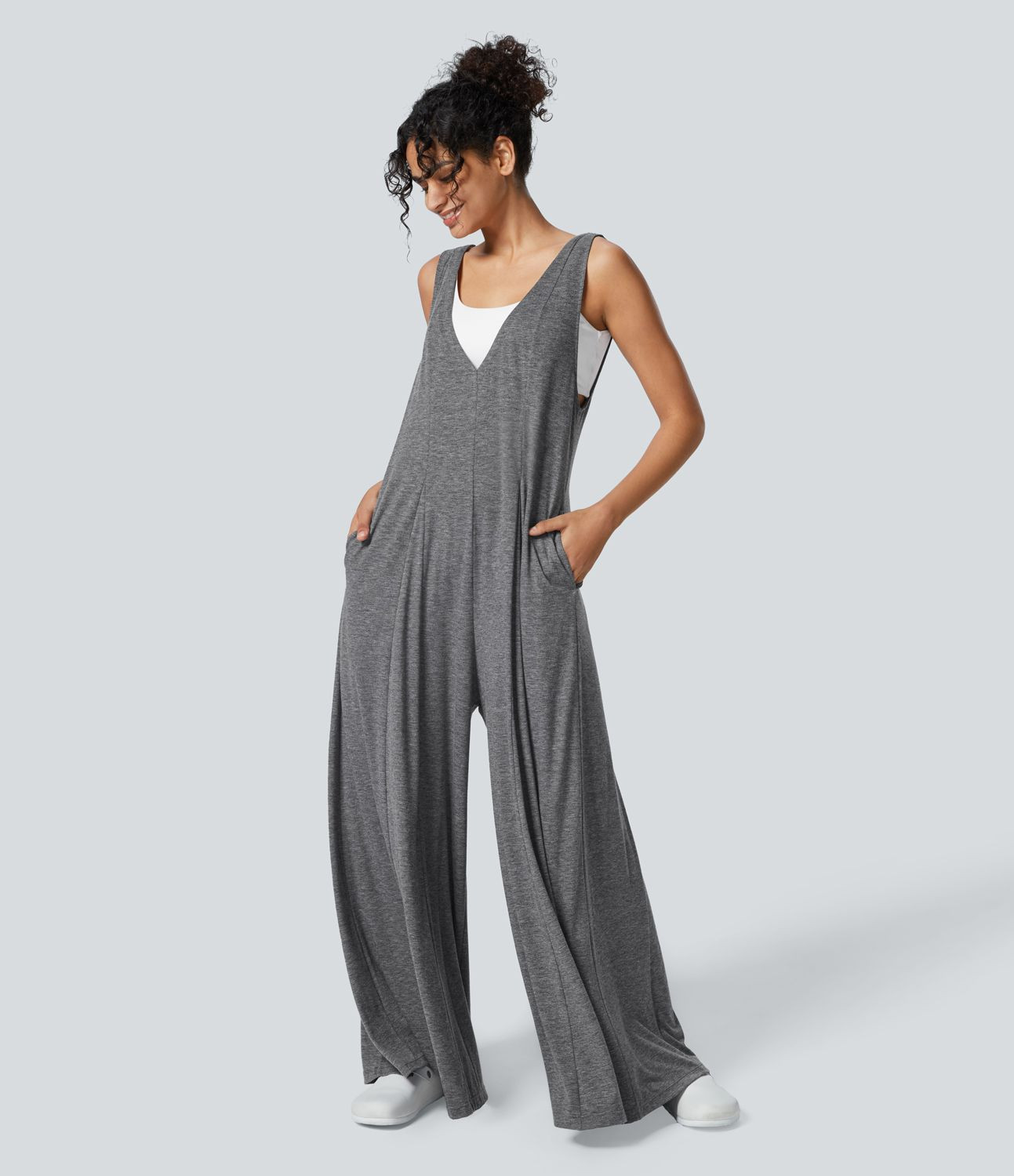 Women’s V Neck Side Pocket Draped Wide Leg Flowy Casual Jumpsuit - Halara | HALARA