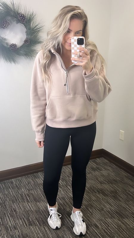 Large 1/2 zip hoodie. Medium leggings. Sneakers are true to size. Small square neck tank  

#LTKSeasonal #LTKfitness #LTKMostLoved