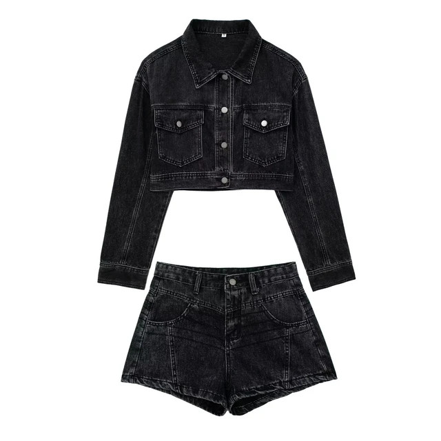 Autumn Black Denim Jacket Shorts Set Pocket Lapel Long Sleeve Coat And Do Old Shorts Women's Two-... | AliExpress (US)