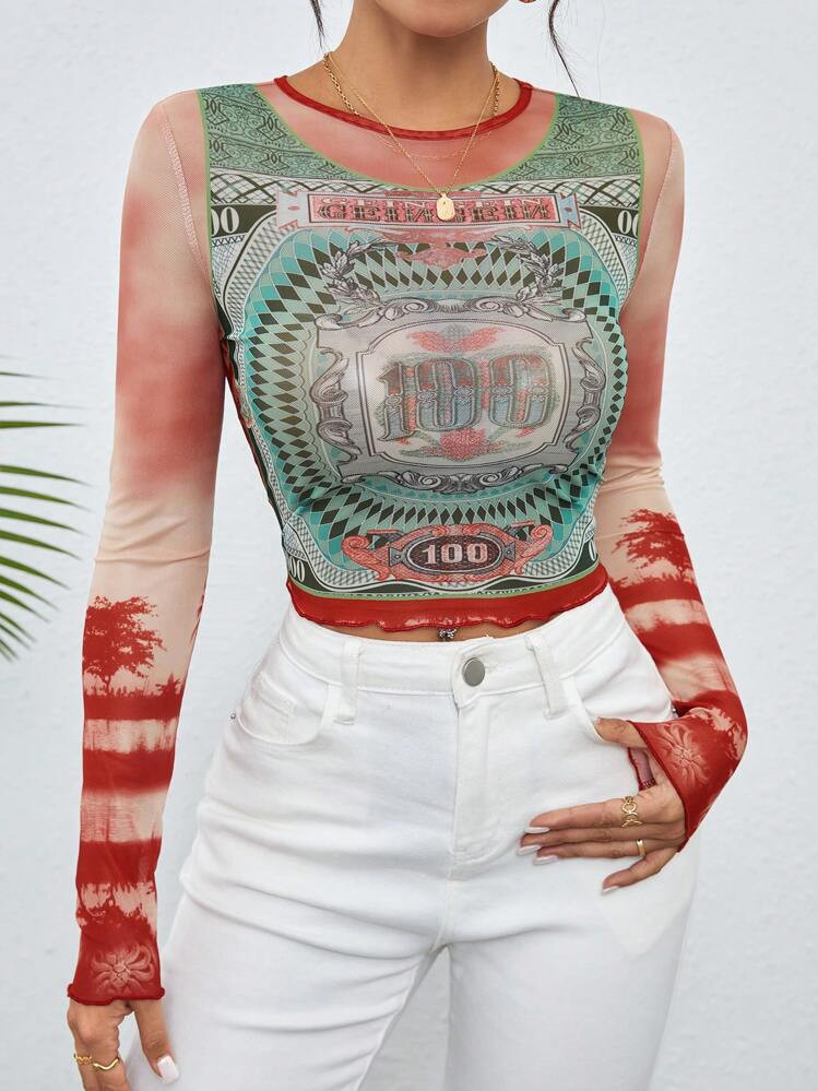 SHEIN EZwear Casual Knitted Mesh Print Fitted Women Top | SHEIN