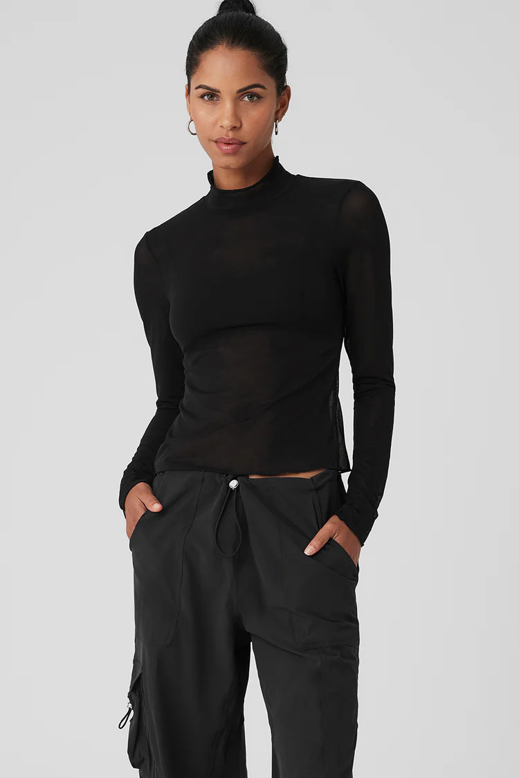 Mesh Sheer Illusion Mock Neck Long Sleeve - Black | Alo Yoga