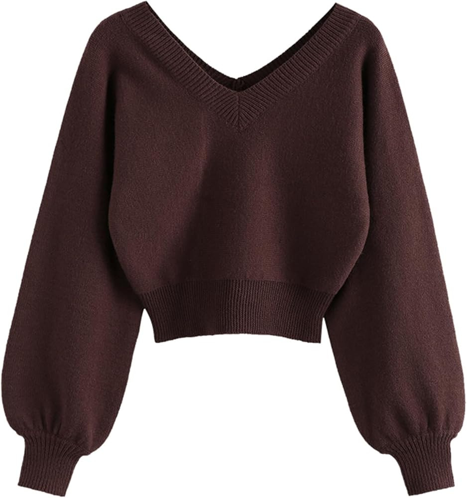 ZAFUL Women's Raglan Long Sleeve Double Side V Neck Short Crop Sweater Casual Loose Fit Knit Top ... | Amazon (US)