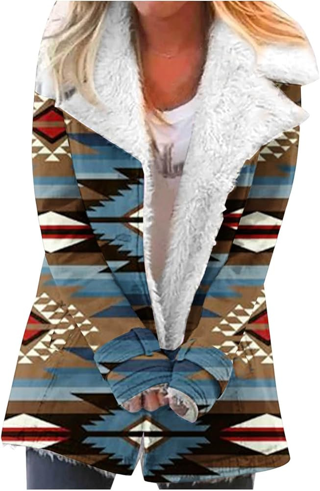 Aztec Print Jacket for Women Lapel Long Sleeve Vintage Thick Button Coats Fleece Lined Warm Pocke... | Amazon (US)