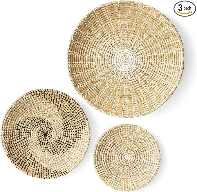 Artera Wicker Wall Basket Decor - Set of 3 Oversized, Hanging Natural Woven Seagrass Flat Baskets... | Amazon (US)