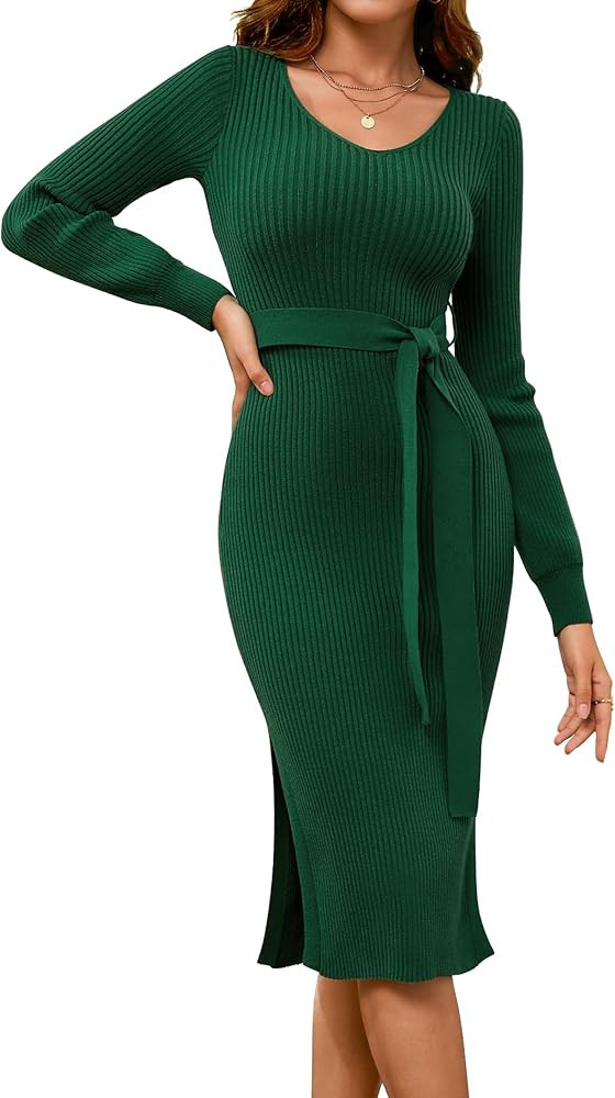 Dressystar Women's Fall Ribbed Knit Sweater Dress V Neck Long Sleeve Tie Waist Slim Fit Bodycon M... | Amazon (US)