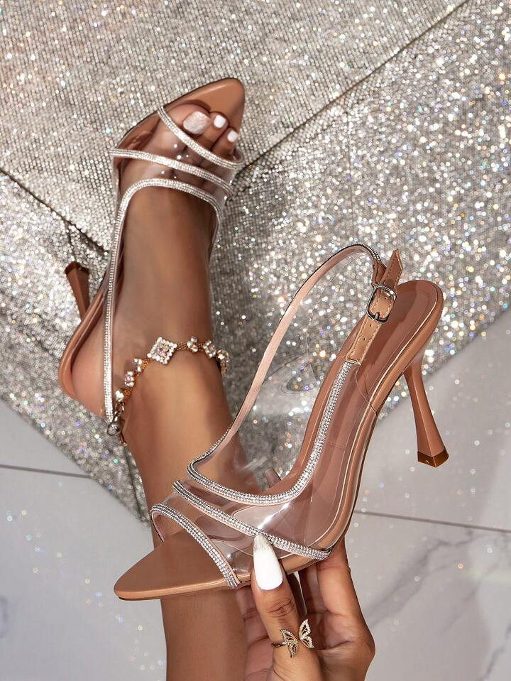 Women's Rhinestone Transparent Pvc Patchwork High Heel Sandals, Fashionable Party Peep Toe Heeled... | SHEIN