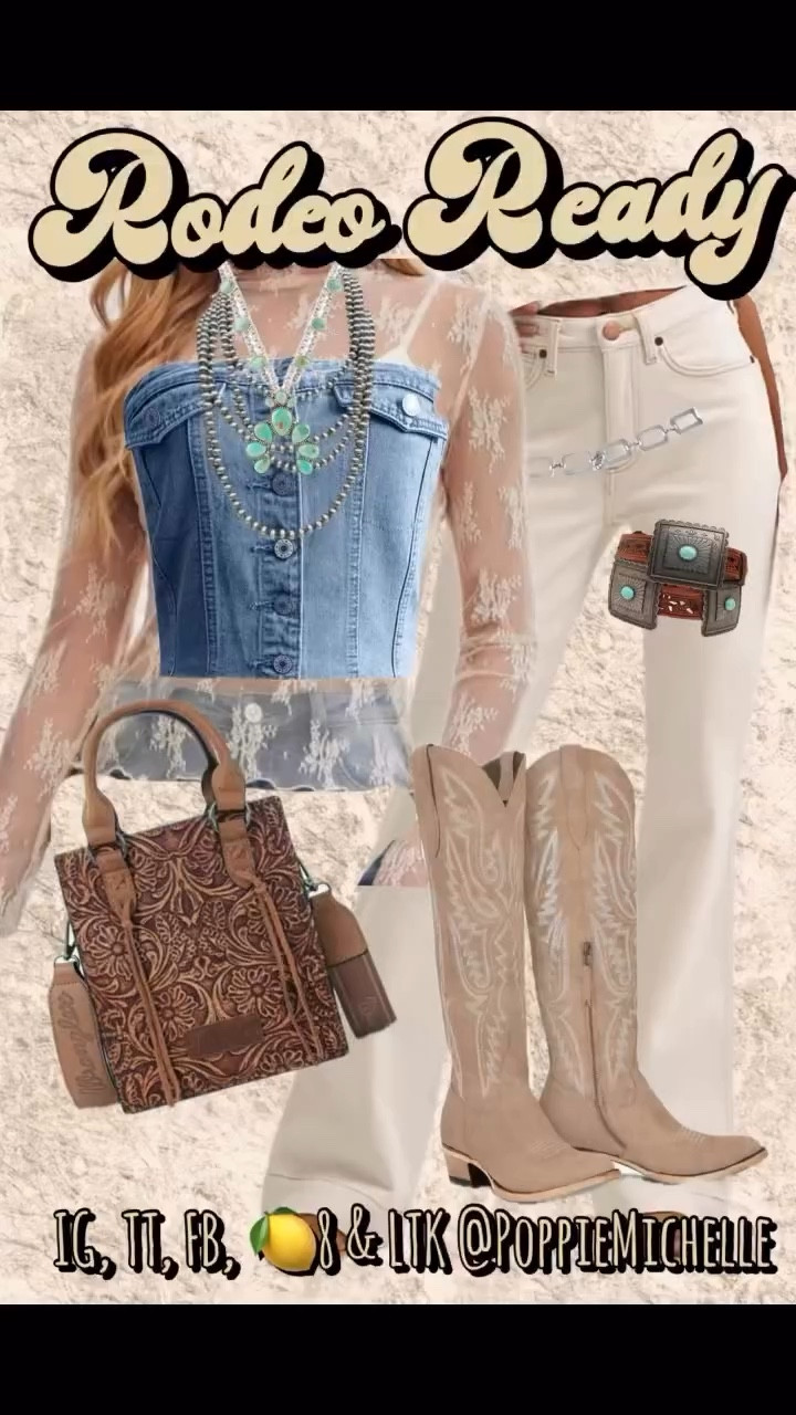 Rodeo Ready or a Night of Dancing. You pick!!

Wrangler Retro Bailey Trouser Jeans Denim corset sheer long sleeve lace top tan tall cowboy boots tooled leather purse squash blossom necklace