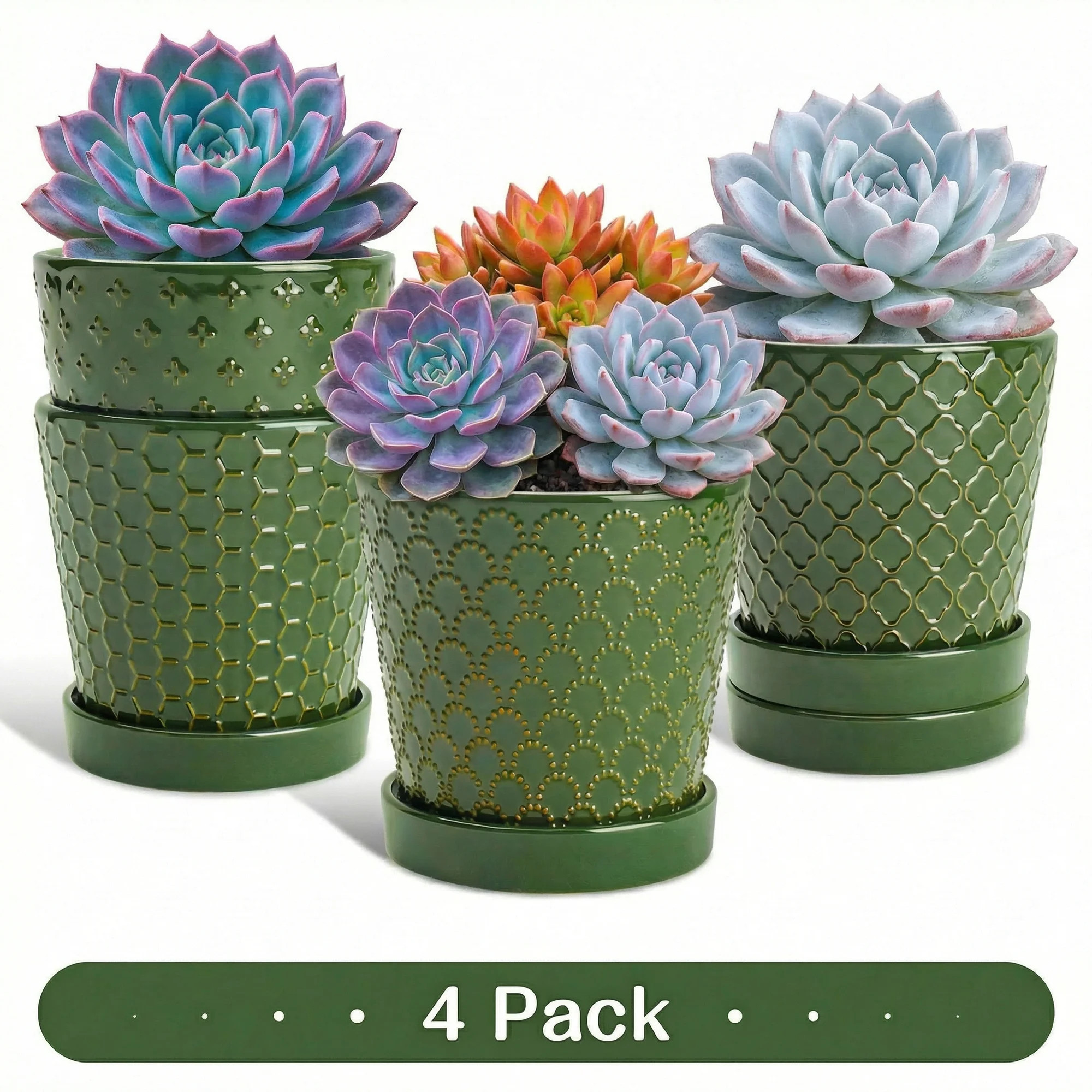 BUYMAX 5 inch Blackish Green Ceramic Indoor Plant Pots with Drainage Holes and Tray, Relief Desig... | Walmart (US)