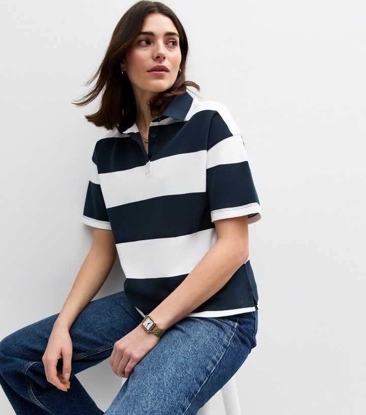 Navy Rugby Stripe Short Sleeve Polo Top | New Look | New Look (UK)