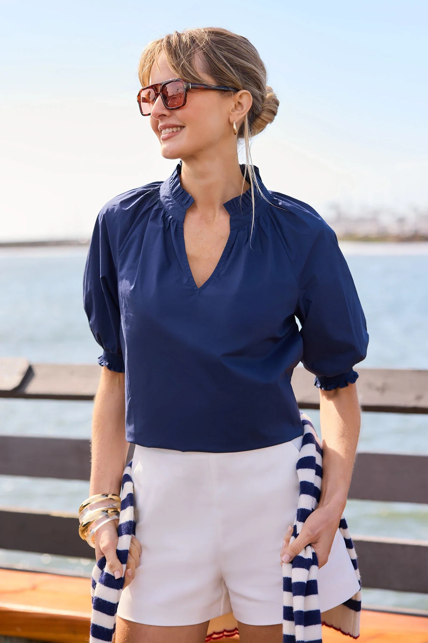 Merrick Navy Puff Sleeve Top | Avara